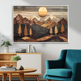 90044381-MGV-CV-36X24-Rustic Wall Art – Wooden Mountain Landscape with Sun and Pine Trees, Handcrafted Nature Canvas Style Decor for Bedroom, Living