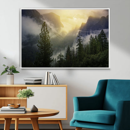 38316884-MGV-CV-36X24-Landscape Wall Art – Misty Mountain Valley Canvas Print, Scenic Pine Forest and Sunrise Photography Decor for Bedroom, Living