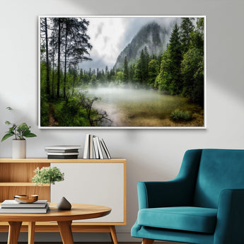 93123937-MGV-FC-36X24_White-Landscape Wall Art – Misty Mountain Lake Canvas Print, Tranquil Forest and Waterfall Photography Decor for Bedroom, Living Room,