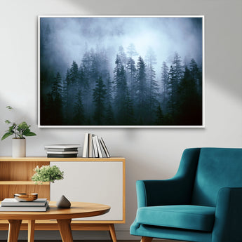 93439624-MGV-FC-36X24_White-Forest Wall Art – Misty Pine Trees Canvas Print, Moody Nature Photography Decor for Bedroom, Living Room, Office, Cabin, Lodge or