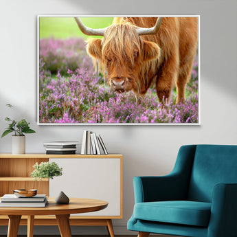 64069351-MGV-FC-36X24_White-Farmhouse Wall Art – Highland Cow in Wildflowers Canvas Print, Rustic Country Cattle Photography Decor for Bedroom, Living Room,