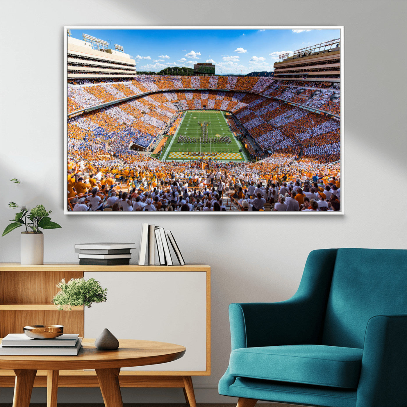 64238859-MGV-CV-36X24-Neyland Stadium Wall Art – Panoramic Tennessee Volunteers Power T Checkerboard Crowd Canvas Print, Day Game Football Band Sports