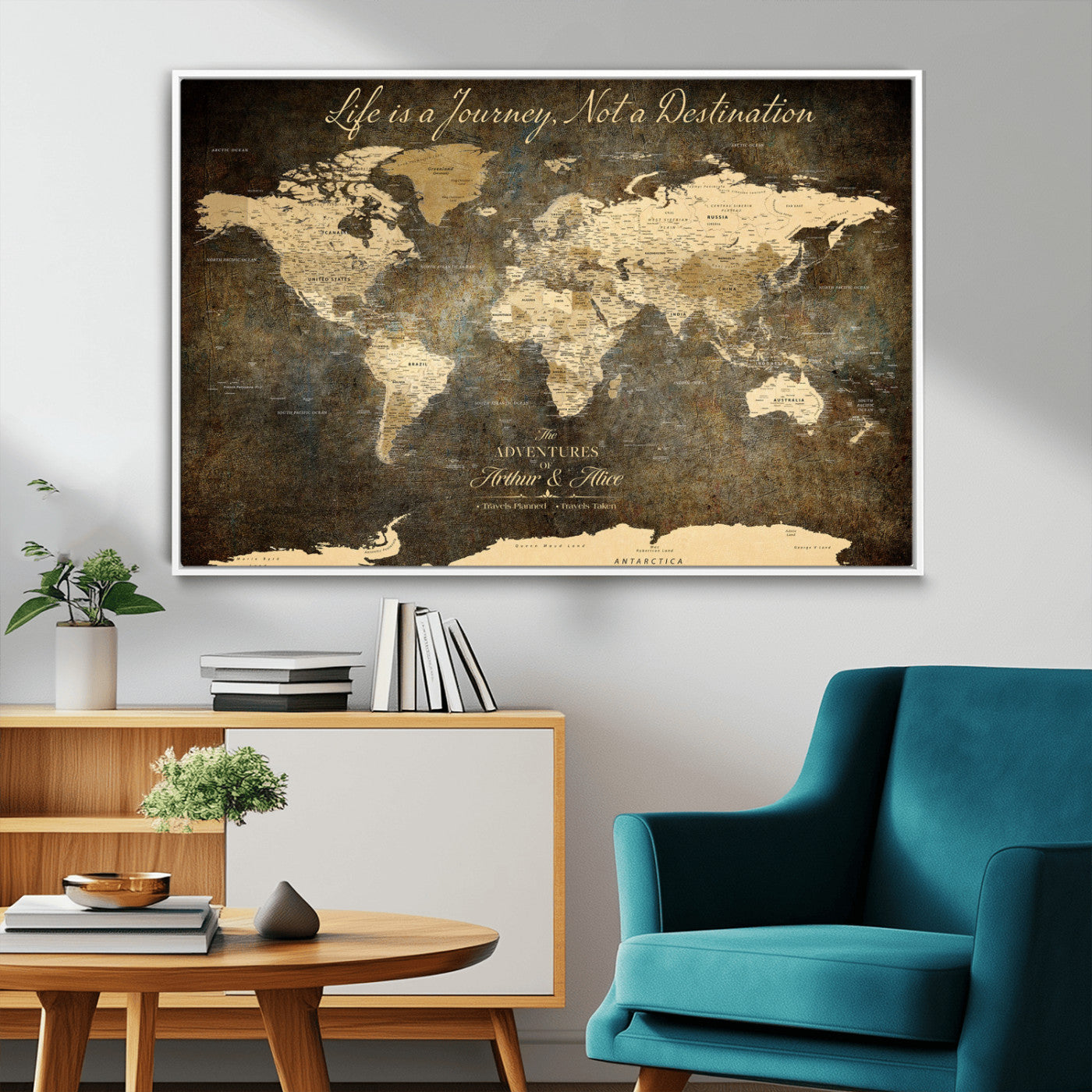 13394308-MGV-FC-36X24_White-Personalized World Map Wall Art – Dark Rustic Vintage Adventure Travel Map with Custom Couple Names, Timeless Wall Decor for Home