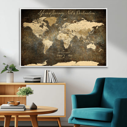 13394308-MGV-FC-36X24_White-Personalized World Map Wall Art – Dark Rustic Vintage Adventure Travel Map with Custom Couple Names, Timeless Wall Decor for Home