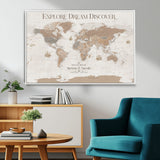 56148717-MGV-FC-36X24_White-Personalized World Map Wall Art – Neutral Beige & Brown Vintage Adventure Travel Map with Custom Couple Names, Classic Wall Decor