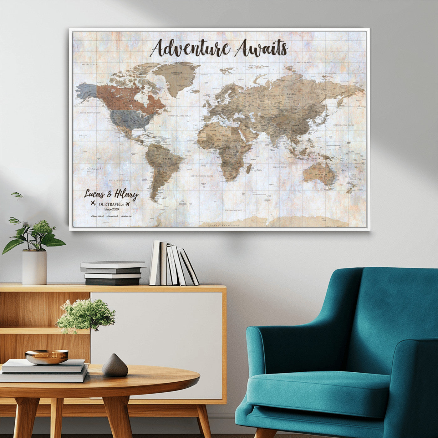 30792405-MGV-FC-36X24_White-Personalized World Map Wall Art – Rustic Beige Adventure Travel Map with Custom Couple Names, Vintage Wall Decor for Home or