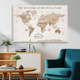43869621-MGV-CV-36X24-Personalized World Map Wall Art – Light Beige Sepia Adventure Travel Map with Custom Family or Couple Names, Rustic Wall Decor for