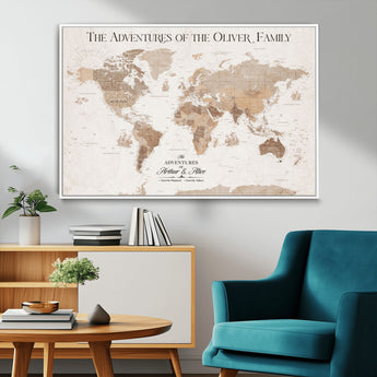 43869621-MGV-CV-36X24-Personalized World Map Wall Art – Light Beige Sepia Adventure Travel Map with Custom Family or Couple Names, Rustic Wall Decor for