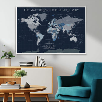 76726424-MGV-CV-36X24-Personalized World Map Wall Art – Navy Blue & Grey Adventure Travel Map with Custom Family or Couple Names, Modern Wall Decor for