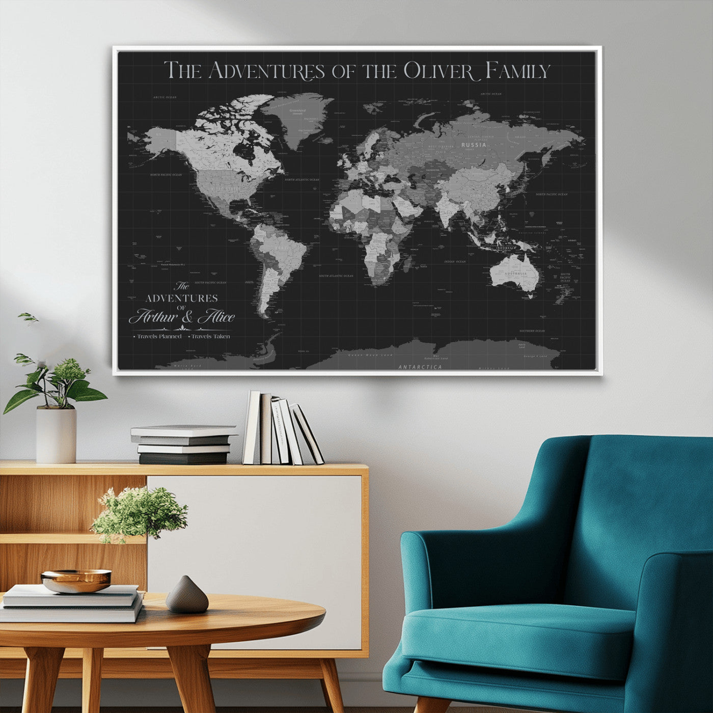 46064114-MGV-CV-36X24-Personalized World Map Wall Art – Black & Grey Adventure Travel Map with Custom Family or Couple Names, Modern Wall Decor for Home