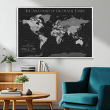 46064114-MGV-CV-36X24-Personalized World Map Wall Art – Black & Grey Adventure Travel Map with Custom Family or Couple Names, Modern Wall Decor for Home