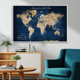 71052542-MGV-FC-36X24_White-Personalized World Map Wall Art – Rustic Navy Blue Adventure Travel Map with Custom Couple Names, Vintage Wall Decor for Home or