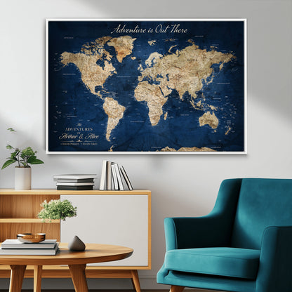 71052542-MGV-FC-36X24_White-Personalized World Map Wall Art – Rustic Navy Blue Adventure Travel Map with Custom Couple Names, Vintage Wall Decor for Home or