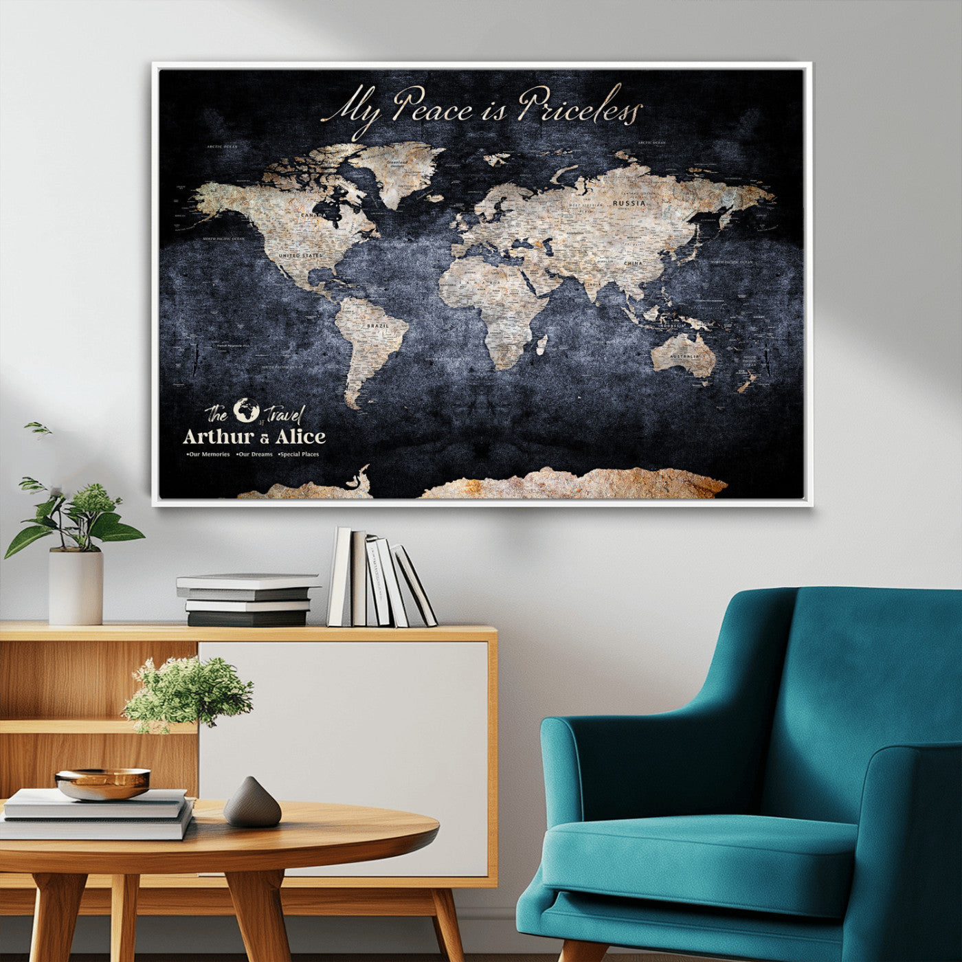 85403043-MGV-CV-36X24-Personalized World Map Wall Art – Dark Blue Rustic Adventure Map with Custom Couple Names, Vintage Wall Decor for Home or Travel