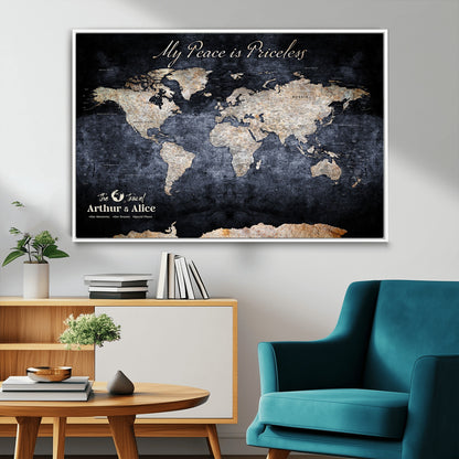 85403043-MGV-CV-36X24-Personalized World Map Wall Art – Dark Blue Rustic Adventure Map with Custom Couple Names, Vintage Wall Decor for Home or Travel