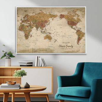 31874045-MGV-FC-36X24_White-Personalized World Map Wall Art – Vintage Earth Tone Adventure Map with Custom Family Names, Rustic Travel Decor for Home, Couples