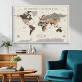 40679469-MGV-FC-36X24_White-Personalized World Map Wall Art – Neutral Tones Adventure Travel Map with Custom Family Names, Rustic Wall Decor for Living Room