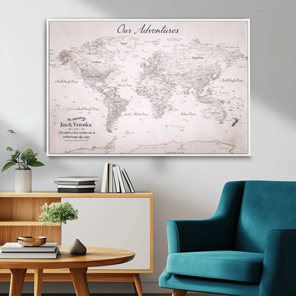 11706567-MGV-FC-36X24_White-Personalized World Map Wall Art – Minimalist Beige Adventure Travel Map with Custom Names, Elegant Push Pin Canvas for Couples,