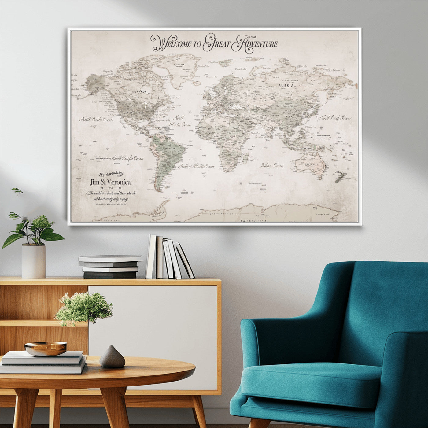 93034948-MGV-CV-36X24-Personalized World Map Wall Art – Vintage Beige Adventure Travel Map with Custom Names, Elegant Push Pin Canvas for Couples,