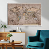 93226713-MGV-FC-36X24_White-Personalized World Map Wall Art – Adventure Awaits Rustic Earth-Tone Travel Map with Custom Names, Vintage Wall Decor for Couples,
