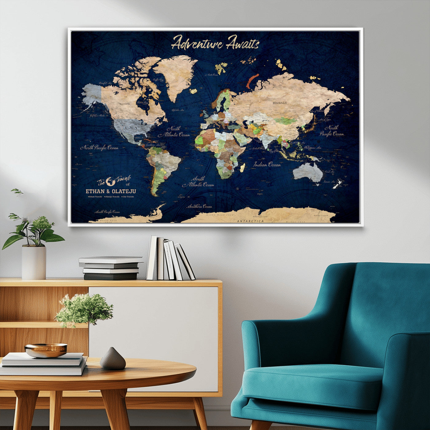 80965072-MGV-FC-36X24_White-Personalized World Map Wall Art – Adventure Awaits Navy Blue Travel Map with Custom Names, Rustic Vintage Wall Decor for Couples,