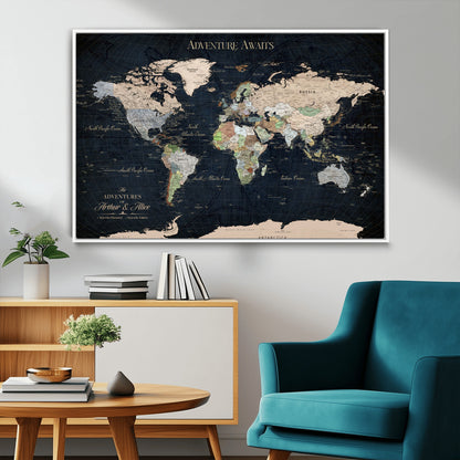 15547583-MGV-FC-36X24_White-Personalized World Map Wall Art – Rustic Navy Adventure Awaits Travel Map with Custom Couple Names, Vintage Wall Decor for Home or