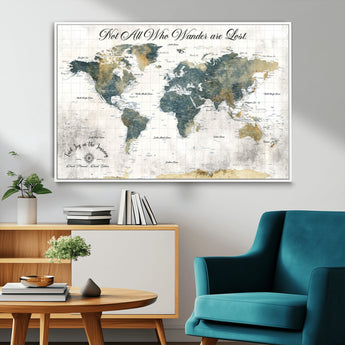 16233493-MGV-CV-36X24-Personalized World Map Wall Art – Rustic Blue Green Wanderlust Travel Map with Custom Couple Names, Vintage Wall Decor for Home