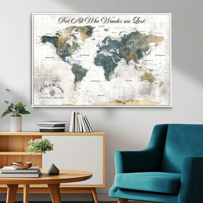 16233493-MGV-CV-36X24-Personalized World Map Wall Art – Rustic Blue Green Wanderlust Travel Map with Custom Couple Names, Vintage Wall Decor for Home