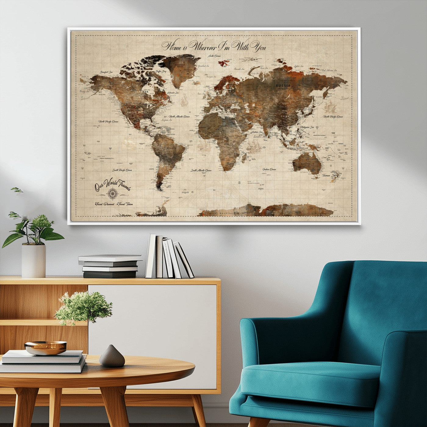 48225643-MGV-CV-36X24-Personalized World Map Wall Art – Rustic Vintage Adventure Travel Map with Custom Couple Names, Romantic Wall Decor for Home or