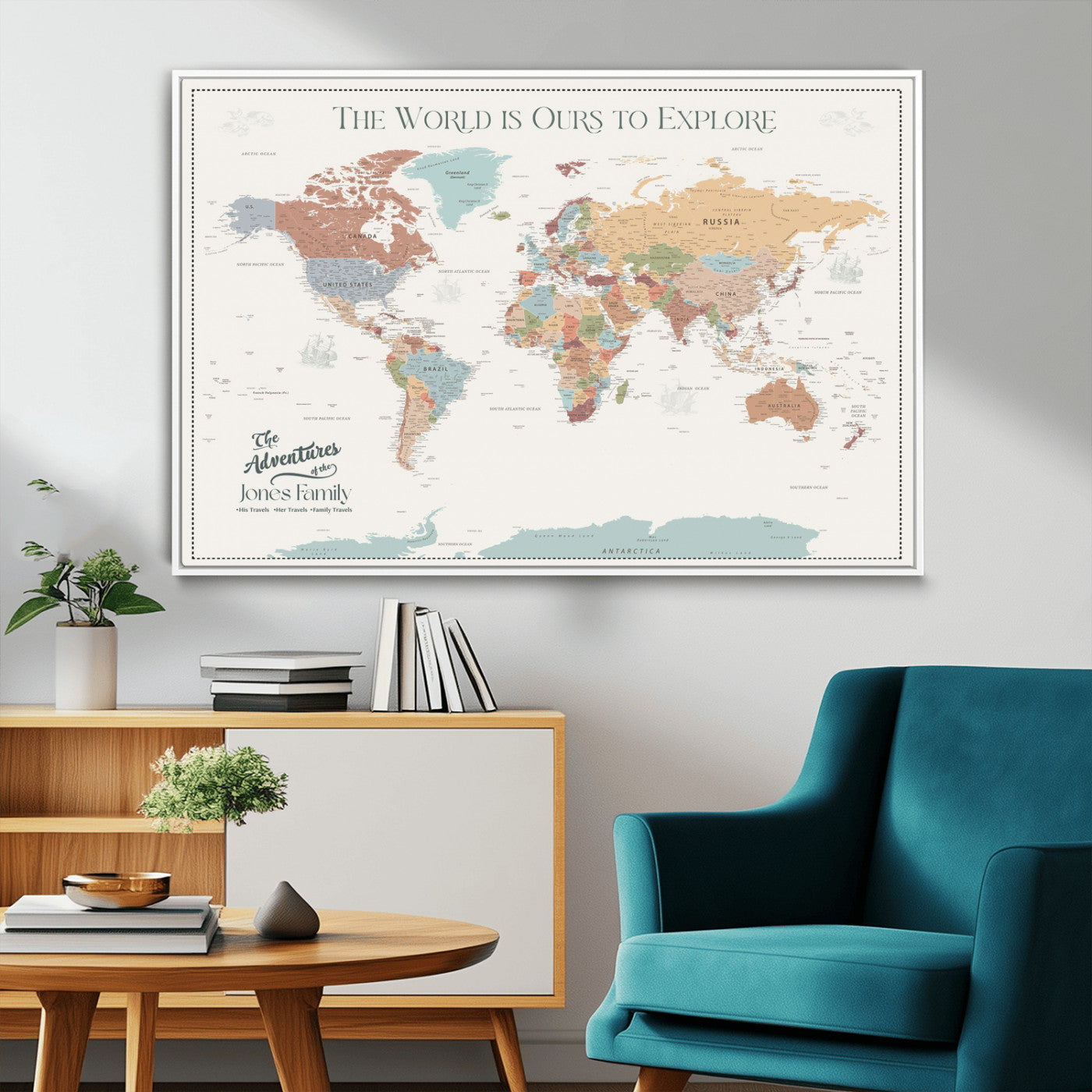 69180591-MGV-CV-36X24-Personalized World Map Wall Art – Rustic Vintage Adventure Travel Map with Custom Family Names, Unique Wall Decor for Couples,