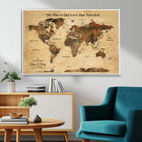 50680593-MGV-FC-36X24_White-Personalized World Map Wall Art – Rustic Brown Adventure Travel Map with Custom Names, Elegant Push Pin Canvas for Couples Home,