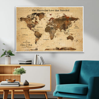 50680593-MGV-FC-36X24_White-Personalized World Map Wall Art – Rustic Brown Adventure Travel Map with Custom Names, Elegant Push Pin Canvas for Couples Home,