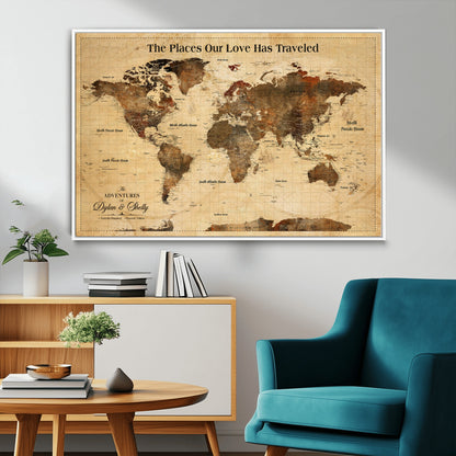 50680593-MGV-FC-36X24_White-Personalized World Map Wall Art – Rustic Brown Adventure Travel Map with Custom Names, Elegant Push Pin Canvas for Couples Home,