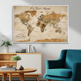 91961147-MGV-FC-36X24_White-Personalized World Map Wall Art – Vintage Sepia Adventure Travel Map with Custom Couple Names, Rustic Wall Decor for Home, Couples
