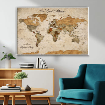 91961147-MGV-FC-36X24_White-Personalized World Map Wall Art – Vintage Sepia Adventure Travel Map with Custom Couple Names, Rustic Wall Decor for Home, Couples