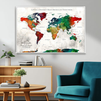 95876117-MGV-CV-36X24-Personalized World Map Wall Art – Colorful Watercolor Travel Map with Custom Names, Romantic Wall Decor for Couples, Wedding or