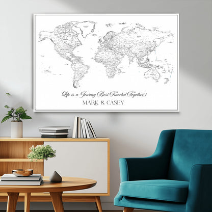 43438578-MGV-CV-36X24-Personalized World Map Wall Art – Black and White Minimal Travel Map with Custom Names, Elegant Wall Decor for Couples, Wedding or