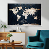 13231361-MGV-FC-36X24_White-Personalized World Map Wall Art – Navy Blue Vintage Adventure Travel Map with Custom Names, Elegant Push Pin Canvas for Couples