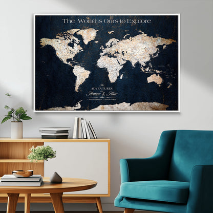 13231361-MGV-FC-36X24_White-Personalized World Map Wall Art – Navy Blue Vintage Adventure Travel Map with Custom Names, Elegant Push Pin Canvas for Couples