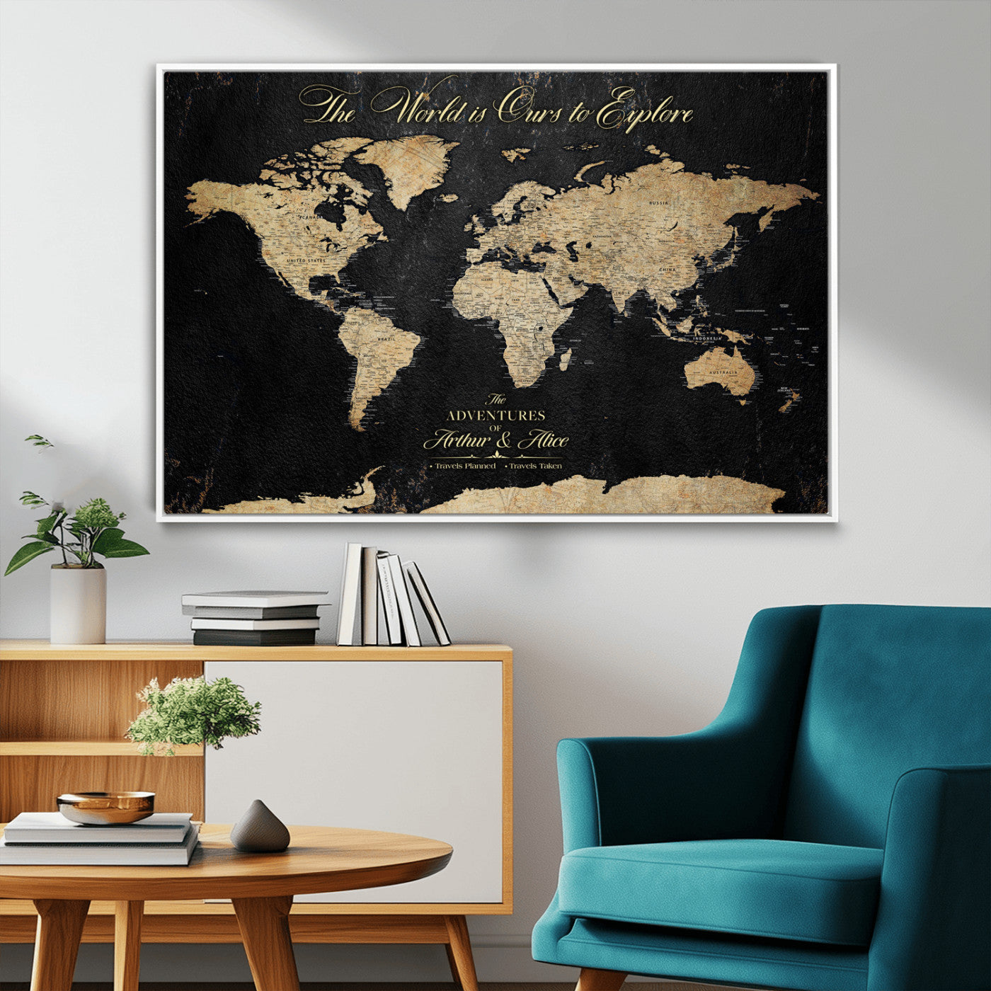 98947257-MGV-FC-36X24_White-Personalized World Map Wall Art – Vintage Black Adventure Travel Map with Custom Names, Elegant Push Pin Canvas for Couples Home