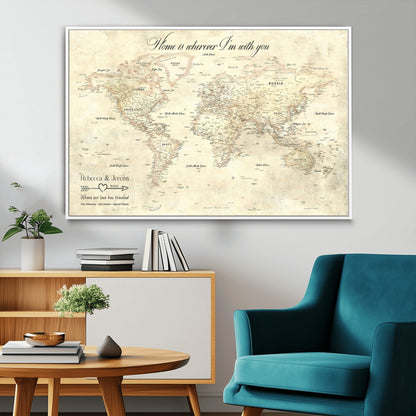 57950315-MGV-FC-36X24_White-Personalized World Map Wall Art – Vintage Beige Travel Map with Custom Names, Romantic Anniversary Gift for Couples, Adventure
