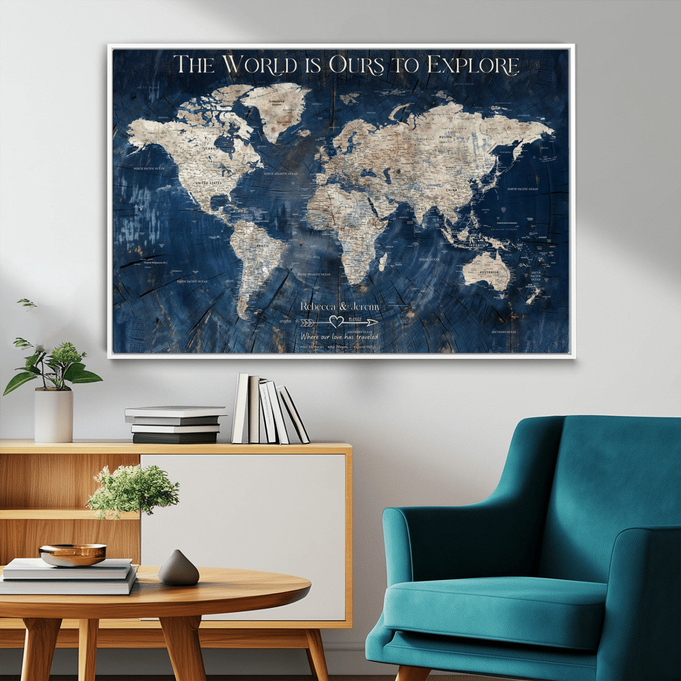 16933330-MGV-CV-36X24-Personalized World Map Wall Art – Navy Blue Vintage Travel Map with Custom Names, Anniversary Gift for Couples Romantic Adventure