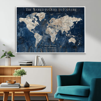 16933330-MGV-CV-36X24-Personalized World Map Wall Art – Navy Blue Vintage Travel Map with Custom Names, Anniversary Gift for Couples Romantic Adventure