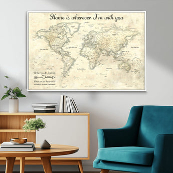 35009043-MGV-CV-36X24-Personalized World Map Wall Art – Vintage Beige Travel Map with Custom Names and Date, Romantic Anniversary Gift for Couples Home