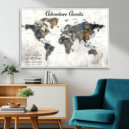 11751559-MGV-FC-36X24_White-Personalized World Map Wall Art – Elegant Adventure Travel Tracker Map for Couples & Families, Push Pin Canvas Poster Decor for Home, Office