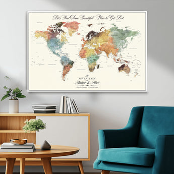 10311652-MGV-FC-36X24_White-Personalized World Map Wall Art - Watercolor Travel Map with Custom Names Minimalist Design for Couples&Families - Decor for Home,