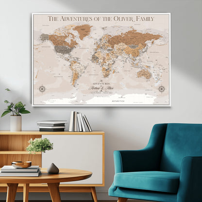 34289723-MGV-FC-36X24_White-Personalized World Map Wall Art – Elegant Beige and Brown Adventure Map Canvas Print for Family Home, Living Room, Study or Office
