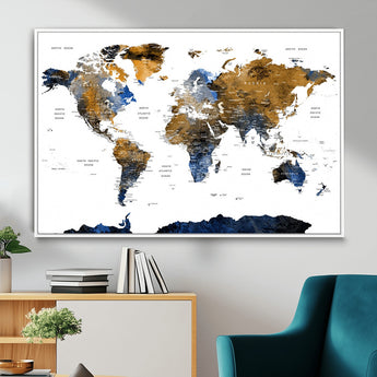MGV-FC-36X24 - World Map Wall Art Canvas Print, Framed Blue Gold Map Art Picture Print, Rustic Atlas Perfect Rustic Modern Decor Artwork