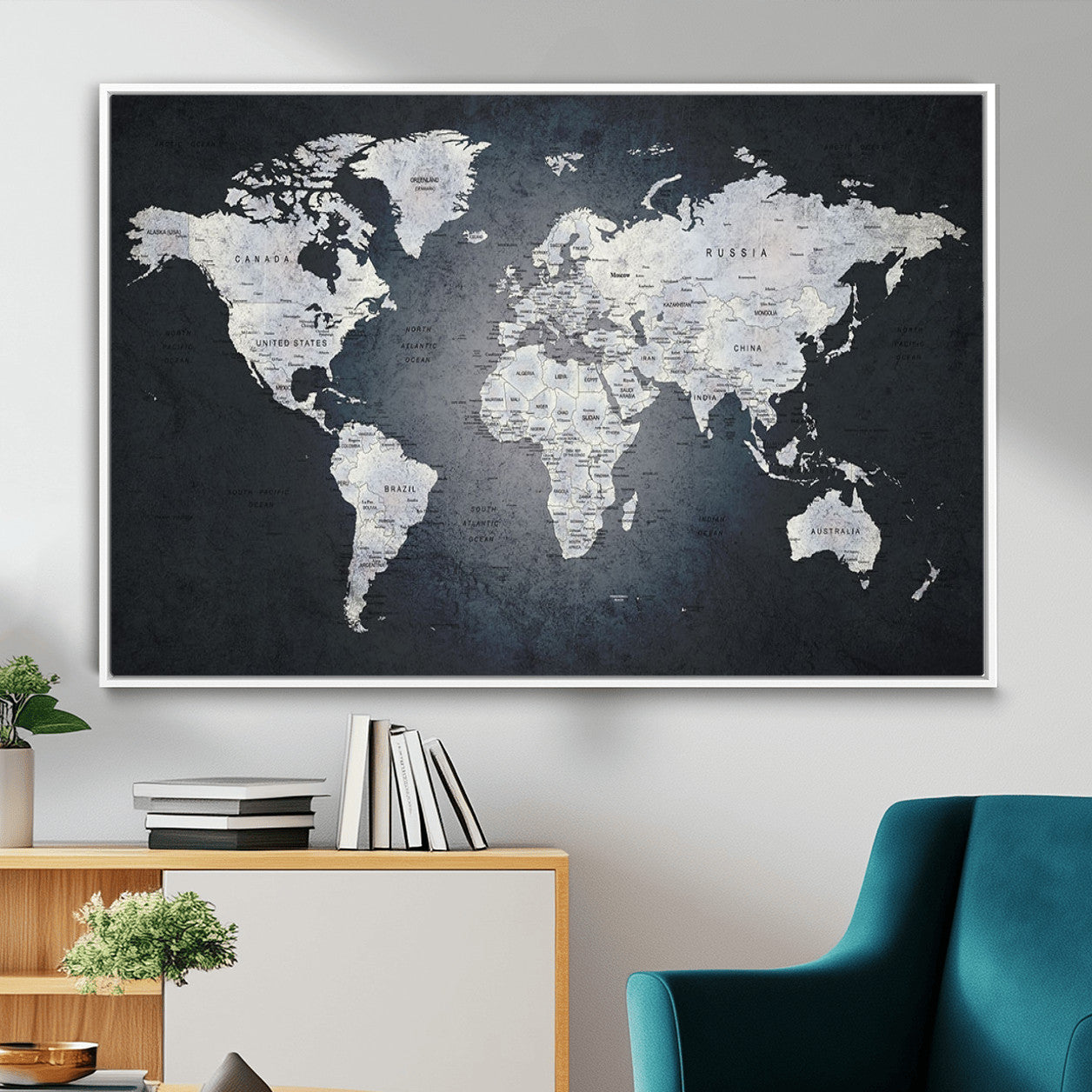 MGV-FC-36X24 - Monochrome World Map Wall Art Canvas Print, Framed Minimalist Map Art Picture Print, Modern Atlas Perfect Modern Minimalist Decor Artwork