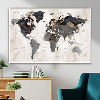 MGV-FC-36X24 - World Map Wall Art Canvas Print, Framed Rustic Map Art Picture Print, Antique Map Perfect Rustic Explorer Decor Artwork